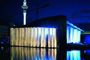 Innovation New Zealand Pavilion, Viaduct Basin, Auckland with exterior lighting by Jenny Pullar